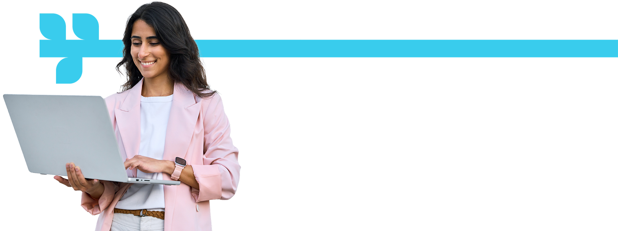 Lady in pink jacket holding laptop